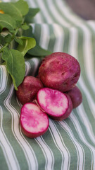 organic potatoes close up on striped tablecloth selective focus