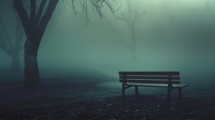Foggy Park Bench in Empty Space