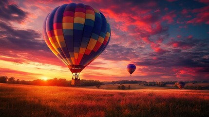 Fototapeta premium colorful hot air balloon soaring against a dramatic sky during sunset