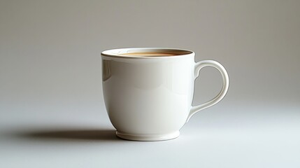 Imagen minimalista de una taza de café sobre un fondo blanco liso. La taza es simple y elegante, con líneas limpias y diseño clásico. Amplio espacio negativo resalta su belleza y simplicidad visual.