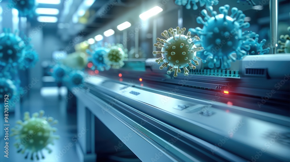 Poster An advanced, futuristic copy machine in a sterile lab setting, producing glowing viral particles instead of paper. The viruses are small, and they are emerging from the machine in rapid succession.
