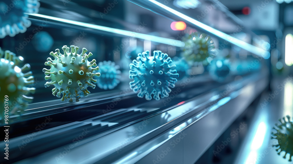 Poster An advanced, futuristic copy machine in a sterile lab setting, producing glowing viral particles instead of paper. The viruses are small, and they are emerging from the machine in rapid succession.