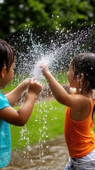 Fototapeta premium Two children play joyfully in water, creating splashes under the sun, embodying the spirit of summer fun and carefree childhood.