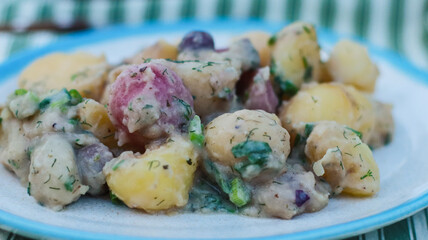 boiled potato salad with sour cream on the table in a plate