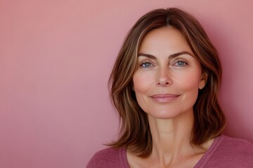 Fototapeta premium Confident mature woman with natural beauty and warm expression on pink background