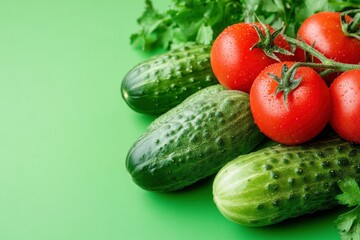 the freshest cucumbers and tomatoes for salad on a green background , ai
