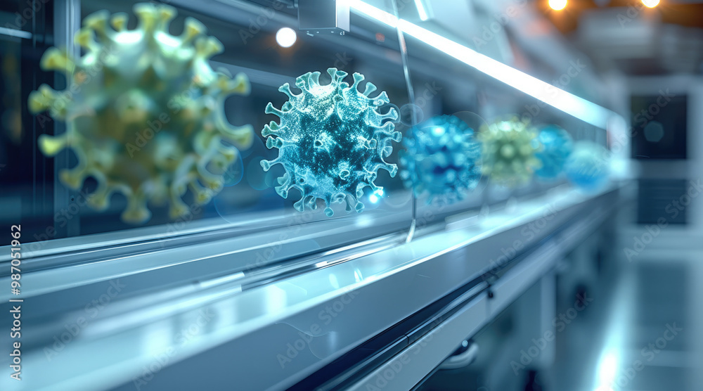 Poster An advanced, futuristic copy machine in a sterile lab setting, producing glowing viral particles instead of paper. The viruses are small, and they are emerging from the machine in rapid succession.