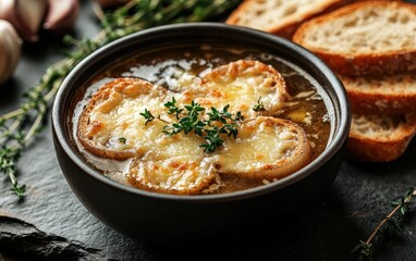 French Onion Soup with Toasted Bread and Melted Cheese
