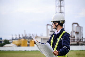 An engineer, wearing a helmet, safety goggles, and a reflective vest, reviews blueprints while kneeling at an industrial site. Machinery and piping structures are visible in the background