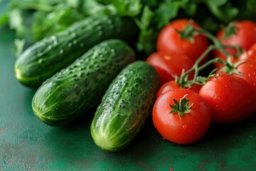 the freshest cucumbers and tomatoes for salad on a green background , ai