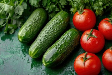 the freshest cucumbers and tomatoes for salad on a green background , ai