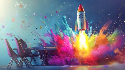 Obraz premium Colorful Swirling Rocket of Ideas Launching from Business Conference Table,Start-up Concept