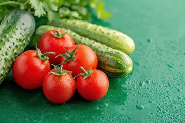 the freshest cucumbers and tomatoes for salad on a green background , ai