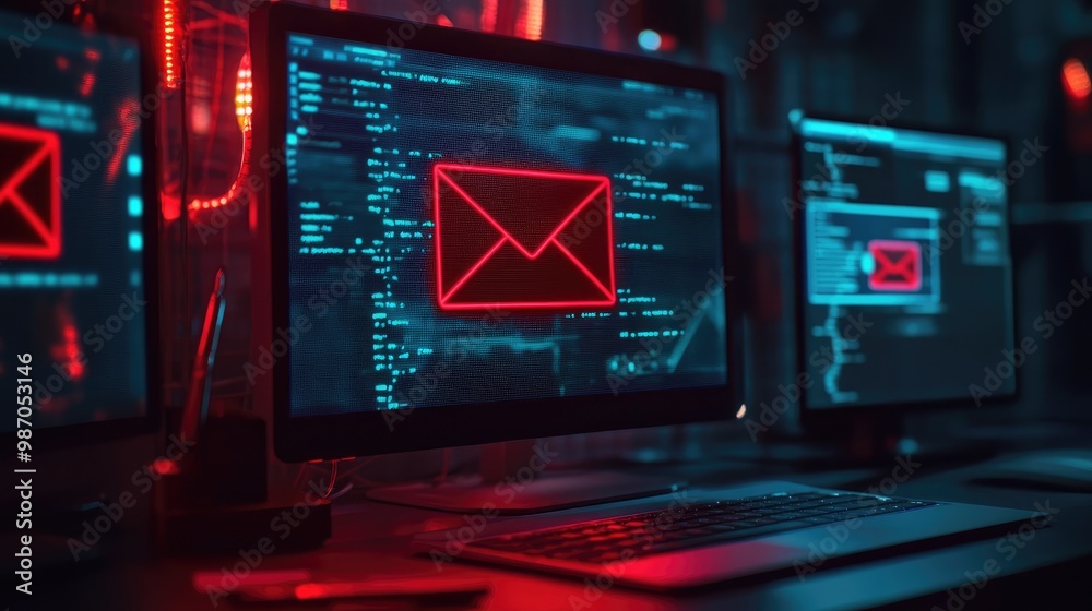 Poster an email system displaying phishing detection tools, highlighting suspicious messages with warnings 