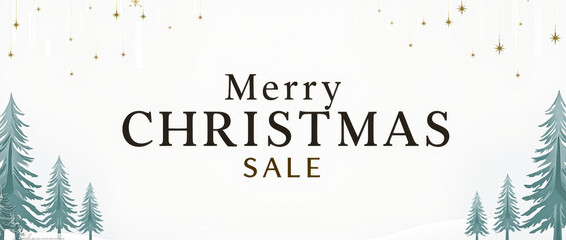 This Christmas sale banner showcases a clean, minimalist white background enhanced by festive typography and stylized tree graphics, creating a joyful holiday promotion