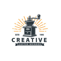 Coffee grinder logo vintage  vector illustration, emblem design on white background
