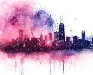 Vibrant skyline of a city illuminated by colorful hues, combining modern architecture with an artistic touch of watercolor.