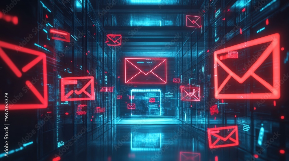 Poster an email system displaying phishing detection tools, highlighting suspicious messages with warnings 