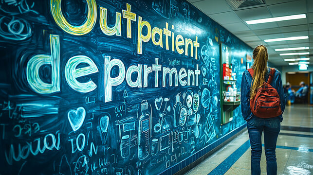 Woman walking in hospital hallway near outpatient department sign