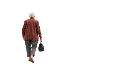 Rear View of Walking old woMan  isolated on a transparent background
