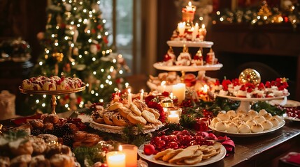 Elegant Christmas Buffet Table with Candles