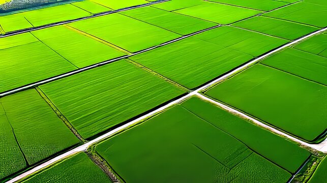 A field of green grass with a road in the middle of it