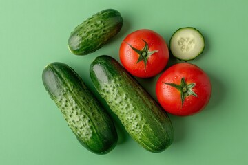the freshest cucumbers and tomatoes for salad on a green background , ai