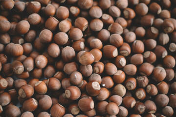 Hazelnuts in a wooden bowl on rustic background, Hazelnut background with green leaf