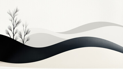 Fototapeta premium Abstract minimalist landscape featuring gentle curves and muted tones, creating a serene atmosphere with silhouettes of plant life.