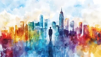 Watercolor City Skyline with Symbolic Businessperson Celebrating Career Success in Urban Setting