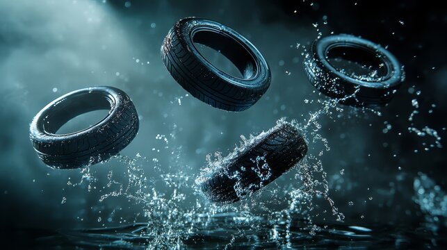 Four car tires in mid-air against a dark background, splashing water, symbolizing durability and traction in challenging conditions.