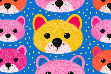 Colorful and playful illustration of cartoon animal faces, featuring vibrant colors and whimsical designs, perfect for children's decor or products.