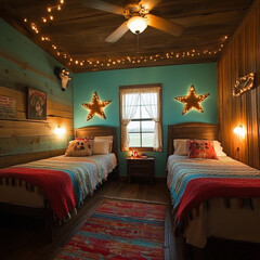 twin bed western room decor with lights and light blue walls