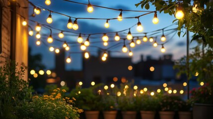 Cozy Nighttime Rooftop Garden with String Lights
