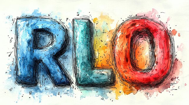 Colorful watercolor lettering of RLO with abstract splashes