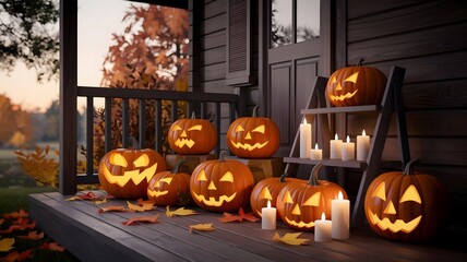 Fototapeta premium Background with halloween pumpkins, candles and autumn leaves on the wooden house porch. The pumpkins are orange in color and have a jack-o-lantern face carved into them