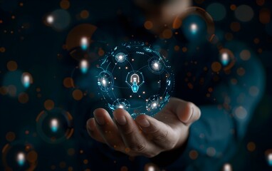 Businessman holding a virtual human icon with a glowing effect on a dark background, a digital marketing concept for customer service and support