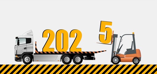 New Year card. Forklift truck loads Christmas figurines into the truck. © AliaksaB