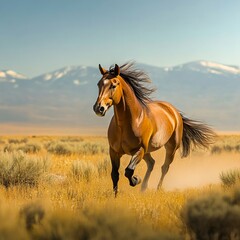 Obraz premium A horse running in a field with mountains in the background