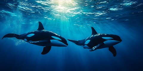 Two killer whales swimming in the ocean