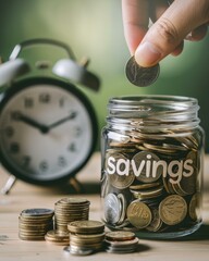 Fototapeta premium A hand dropping a coin into a glass jar labeled 