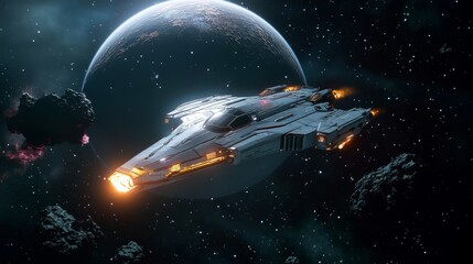 Futuristic spaceship traveling through outer space with moon in the background, surrounded by asteroids in a stunning cosmic scene.