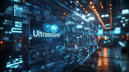 Ultrasound technology in futuristic hospital setting with digital display