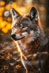 Obraz premium A close up of a wolf standing in the woods