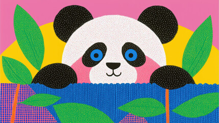 Naklejka premium A playful panda peeking through colorful foliage, showcasing vibrant colors and a whimsical design, perfect for children's art and decor.