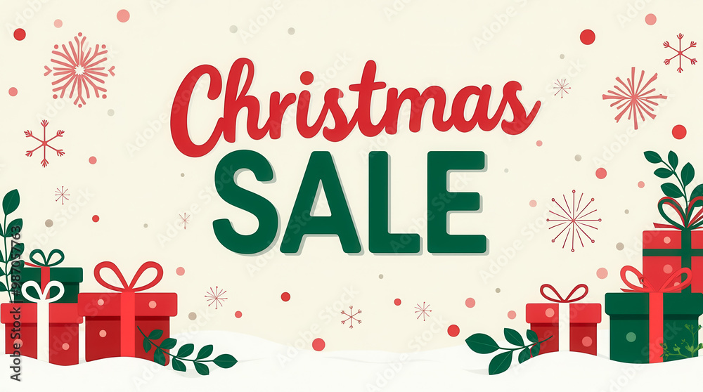 Wall mural bright and cheerful christmas sale banner features large festive typography in red and green, surrou