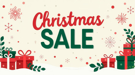 Bright and cheerful Christmas sale banner features large festive typography in red and green, surrounded by gift boxes and holiday decorations, perfect for attracting shoppers
