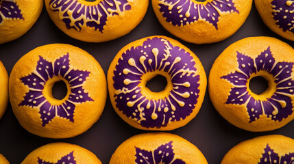 Festive and Ornate Patterns in Purple and Yellow on Baked Goods for a Vibrant and Traditional Ethnic Celebration