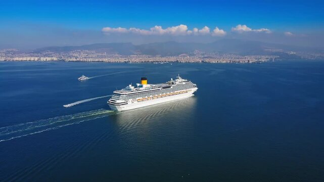 Aerial view of white cruise liner across sea in a sunny day, Luxury cruise in the ocean sea concept tourism travel