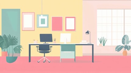 A bright and modern office space featuring a desk, computer, chair, and decorative plants, perfect for a creative workspace.